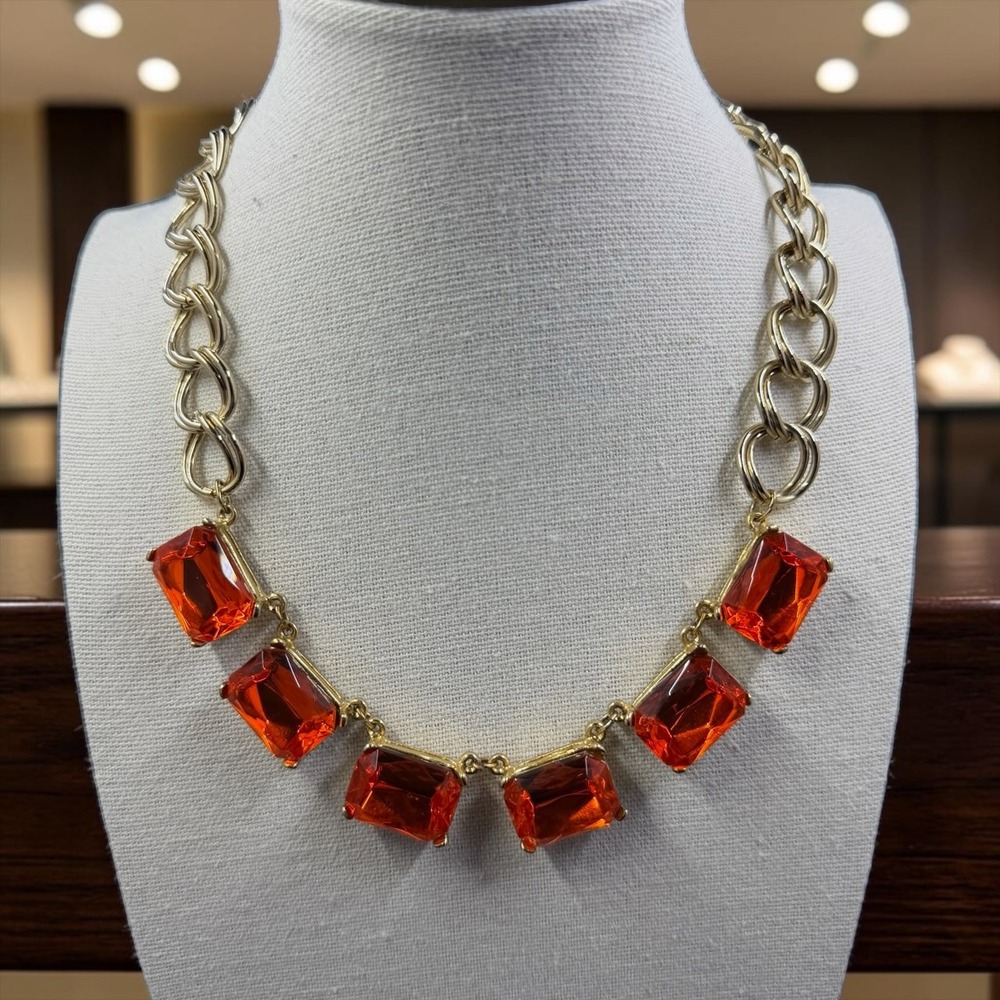 Chunky Orange Crystal Statement Necklace Gold Tone Emerald Cut Y2K Glam Cocktail